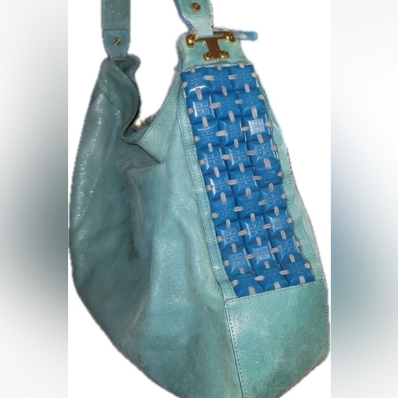 Tory Burch Vintage Green Shimmer Leather Blue Beaded Hobo Shoulder tote bag - Picture 5 of 16